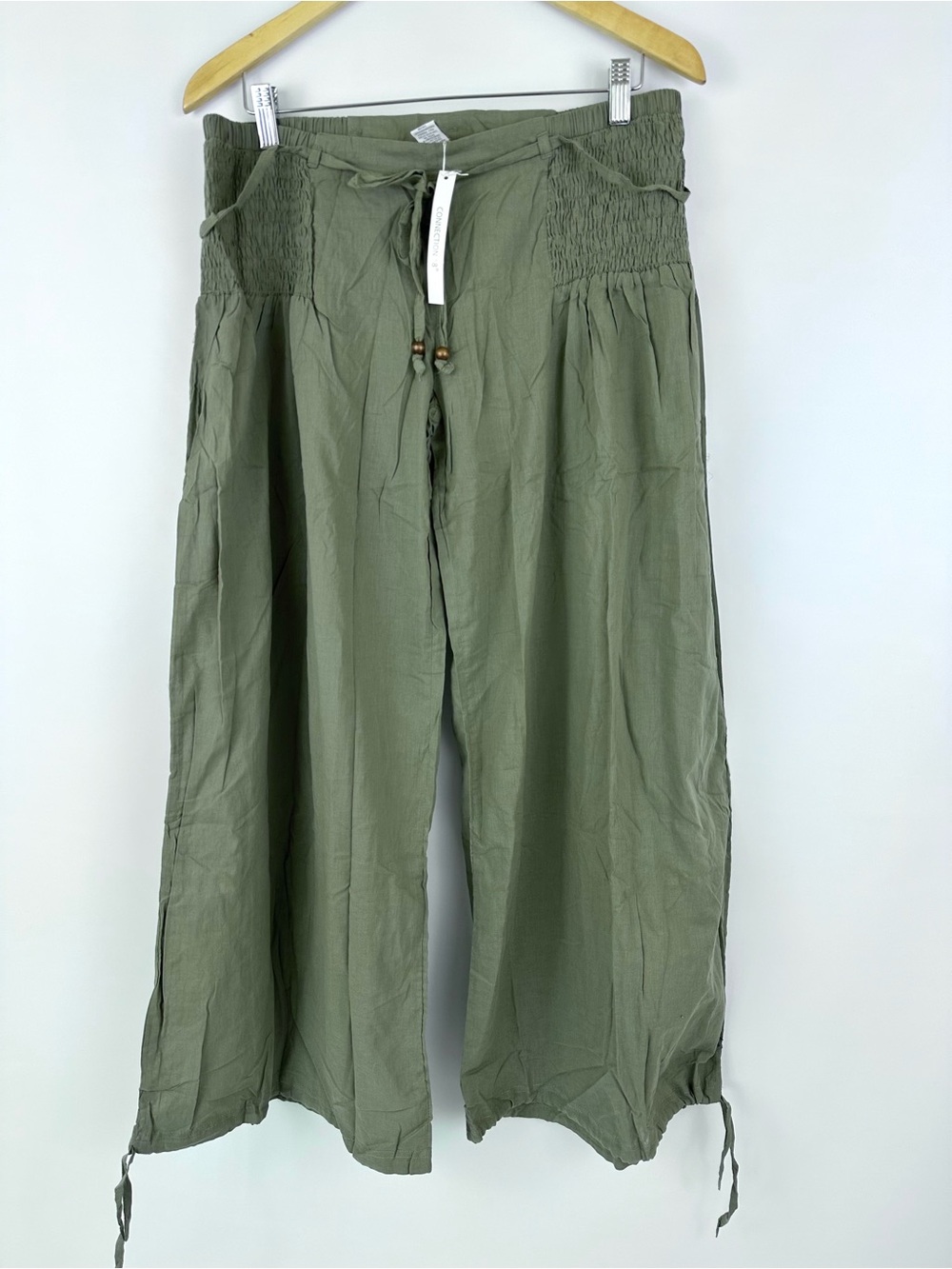 NWT Connection 18 XL Olive Green Wide Leg Palazzo Pants Smocked Low Rise